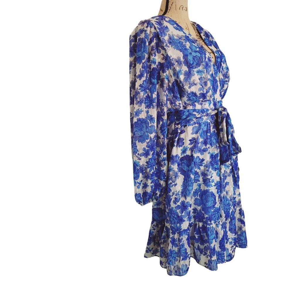 Alex Marie Simone Cobalt Floral Print Puff Sleeve Tiered V-neck Dress 18W NWT - Picture 5 of 14